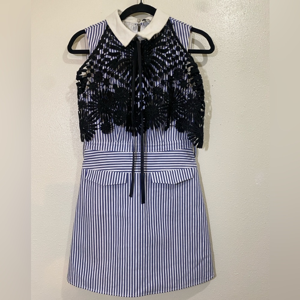Self-Portrait Black Lace Cape with Blue and White Striped Mini Dress